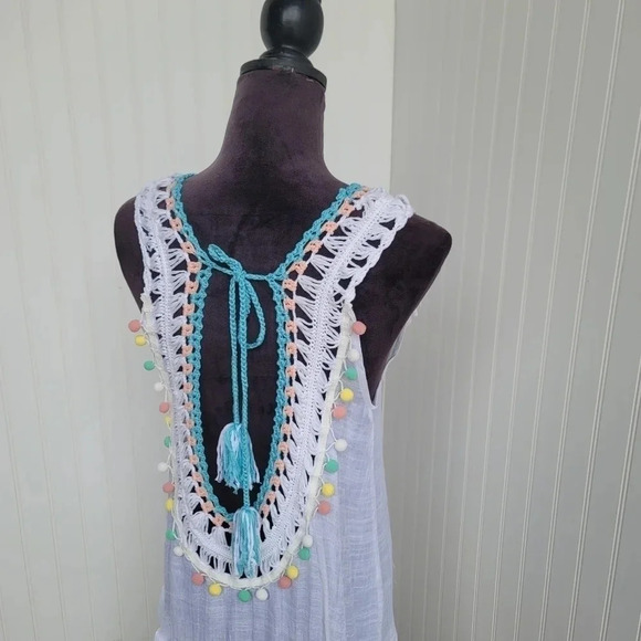 Cupshe Swim Coverup Dress One Size Boho Crochet Pom Pom Fringe Tassel White Blue - Picture 10 of 13